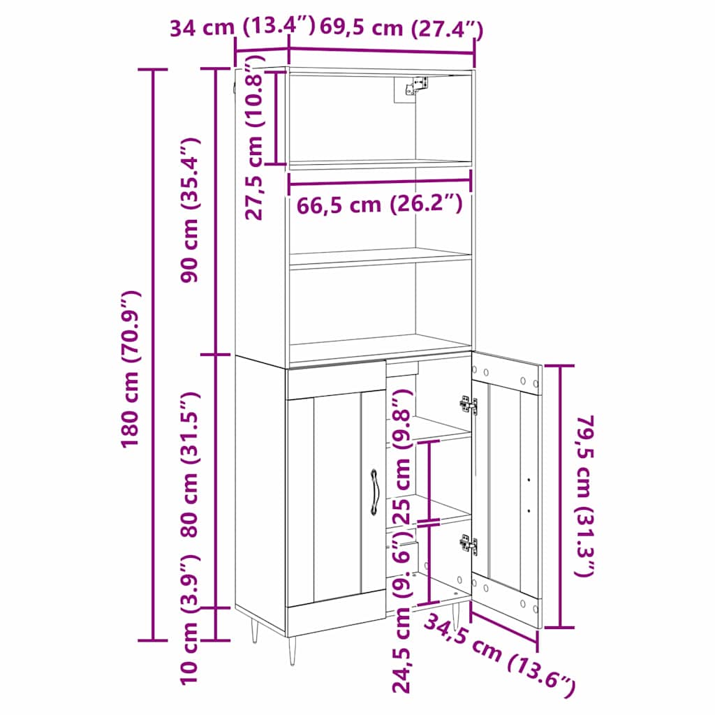 Highboard Artisan-Eiche 69,5 x 34 x 180 cm Holzwerkstoff
