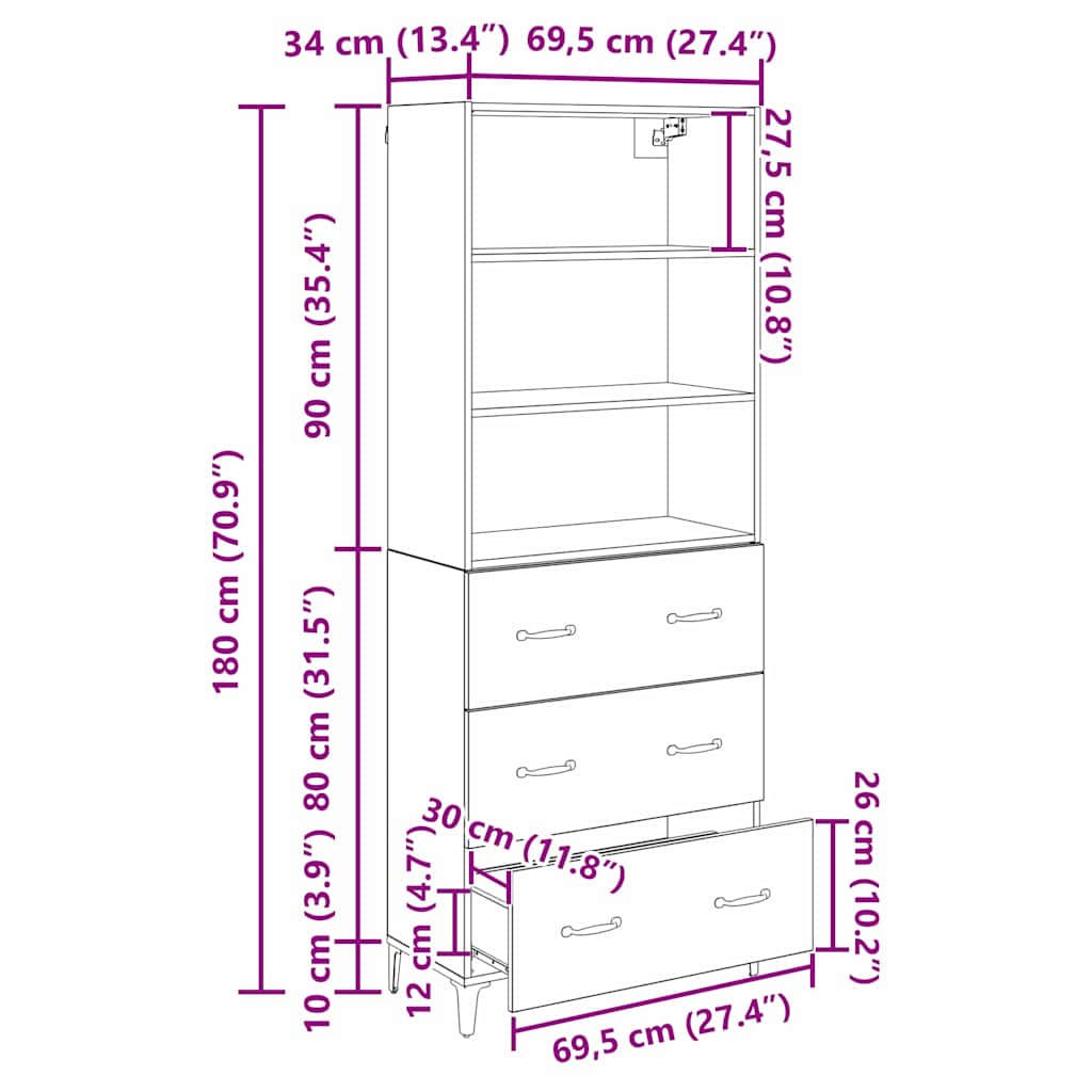 Highboard Artisan-Eiche 69,5 x 34 x 180 cm Holzwerkstoff
