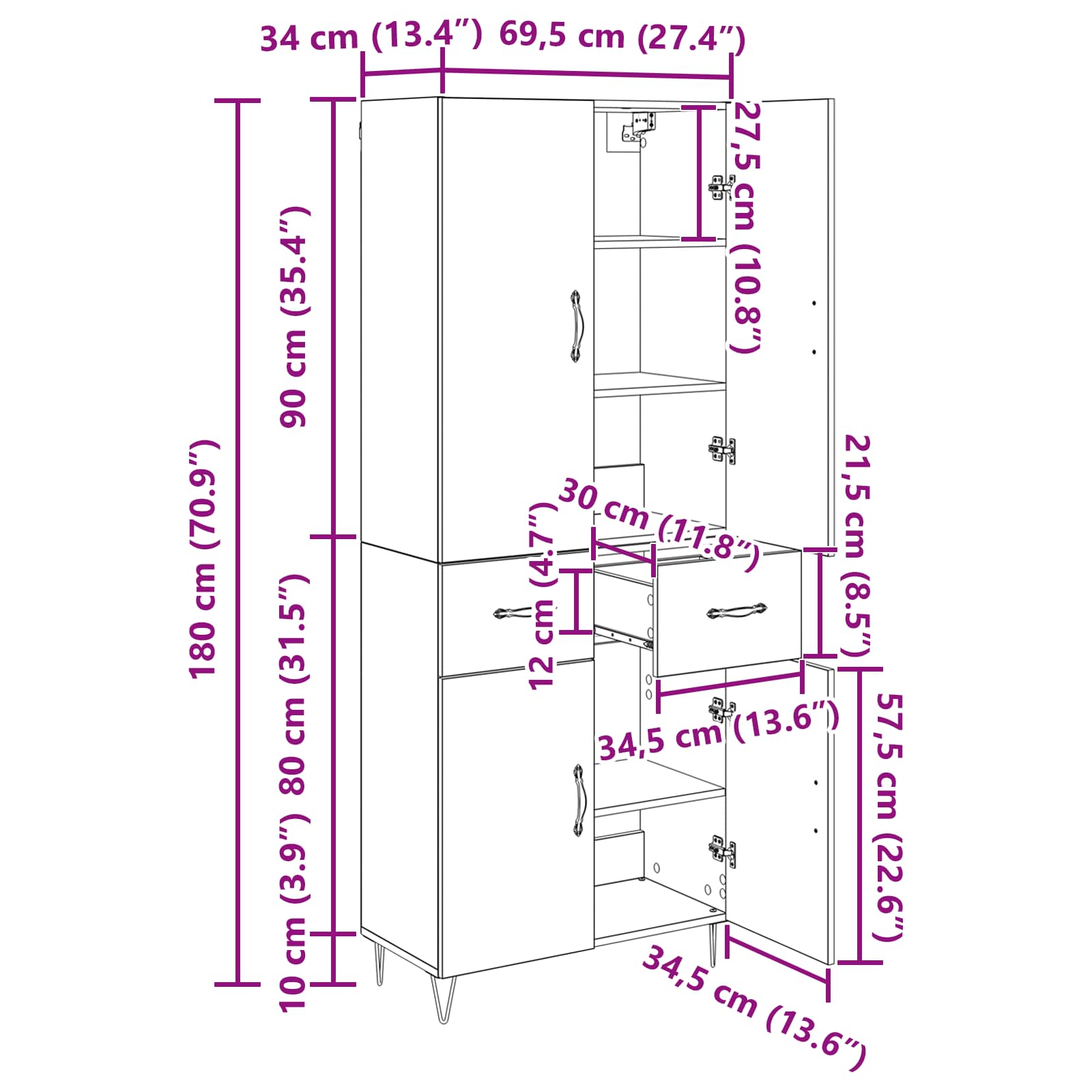 Highboard 2 stk. Artisan-Eiche 69,5 x 34 x 180 cm Holzwerkstoff