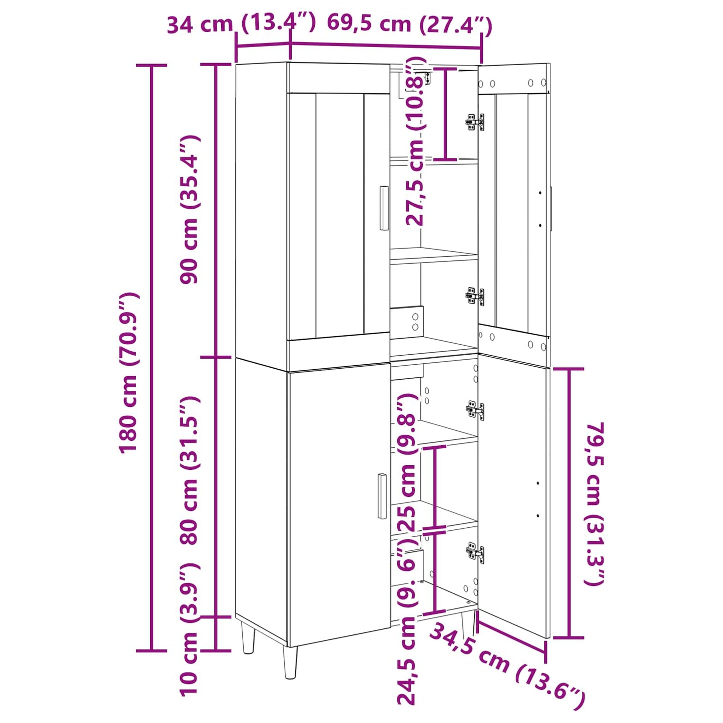 Highboard Artisan-Eiche 69,5 x 34 x 180 cm
