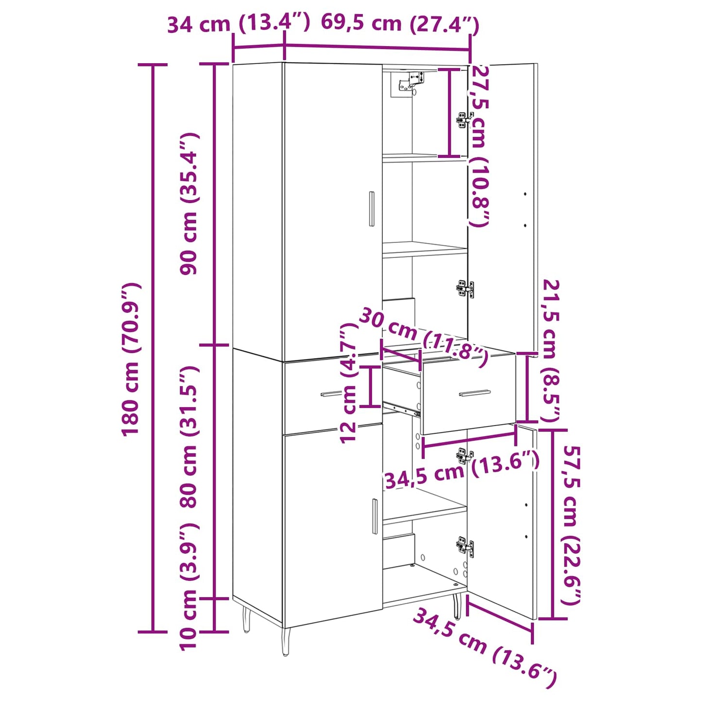 Highboard 2 pcs Artisan-Eiche 69,5 x 34 x 180 cm Holzwerkstoff