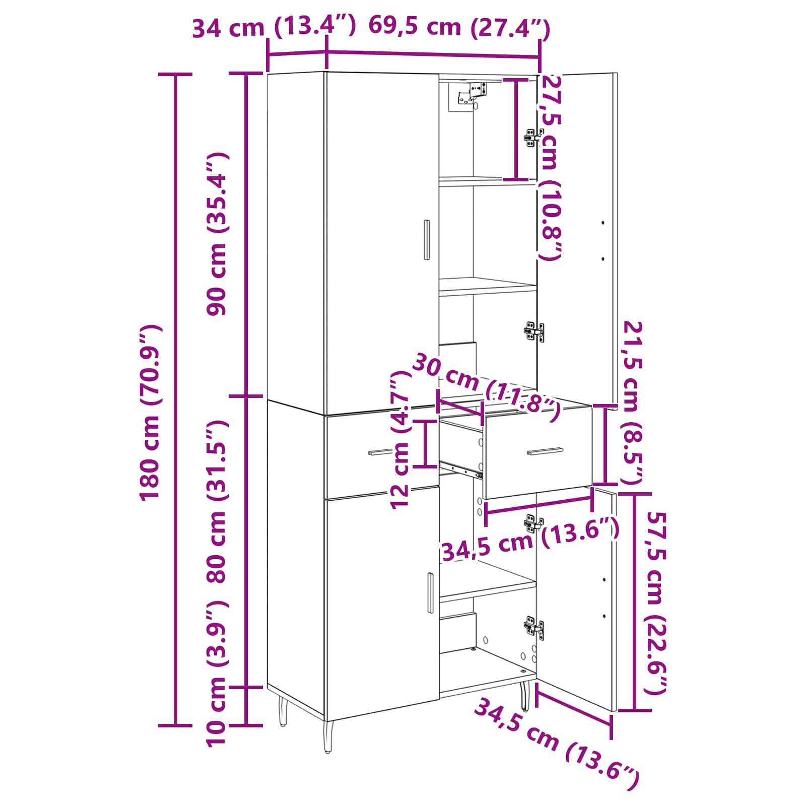 Highboard 2 pcs Artisan-Eiche 69,5 x 34 x 180 cm Holzwerkstoff