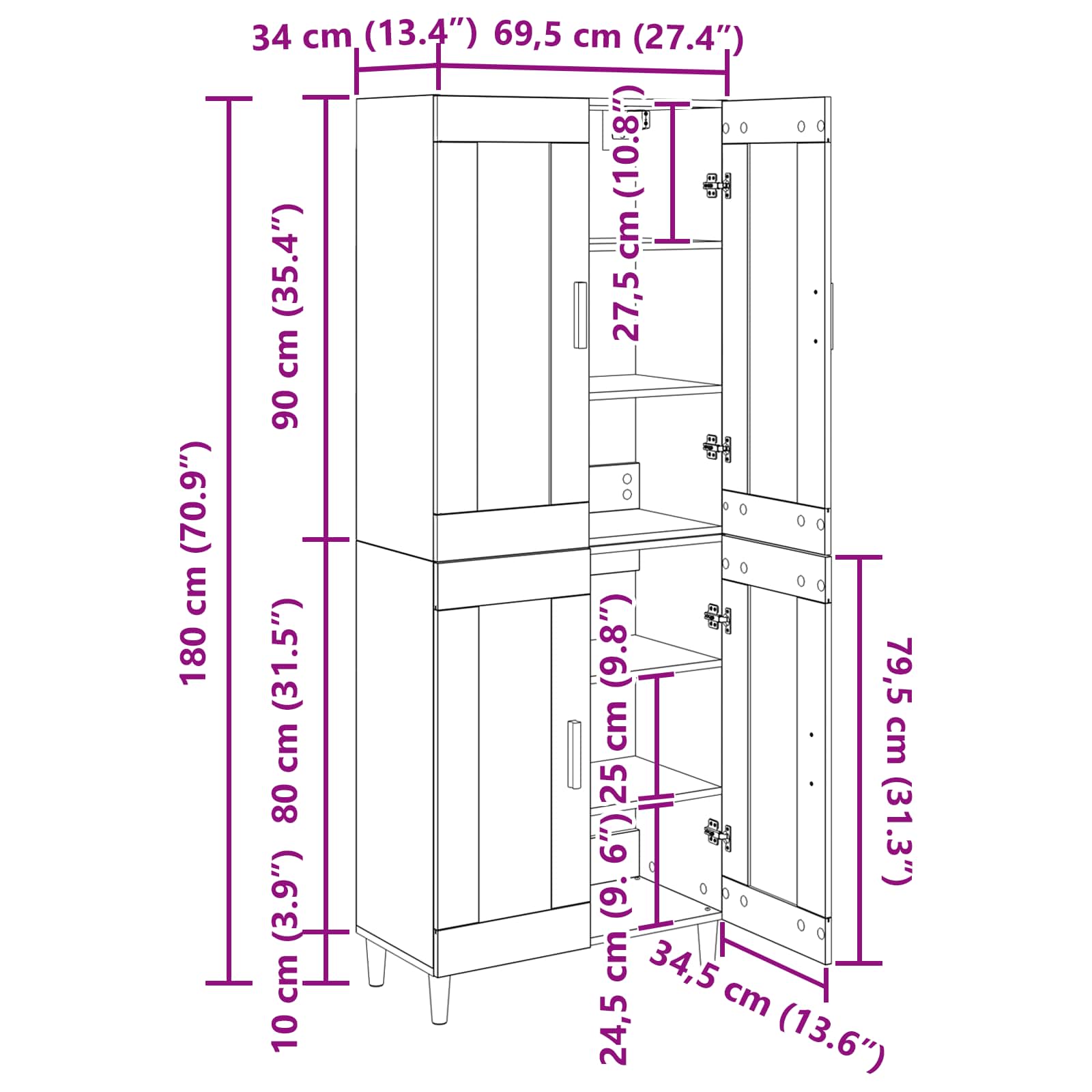 Highboard Artisan-Eiche 69,5 x 34 x 180 cm Holzwerkstoff