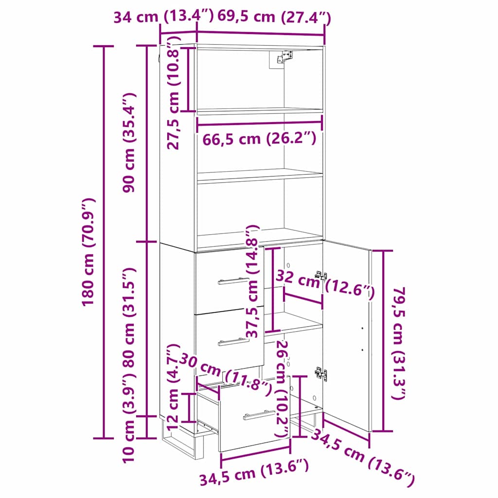 Highboard 2 stk. Artisan-Eiche 69,5 x 34 x 180 cm