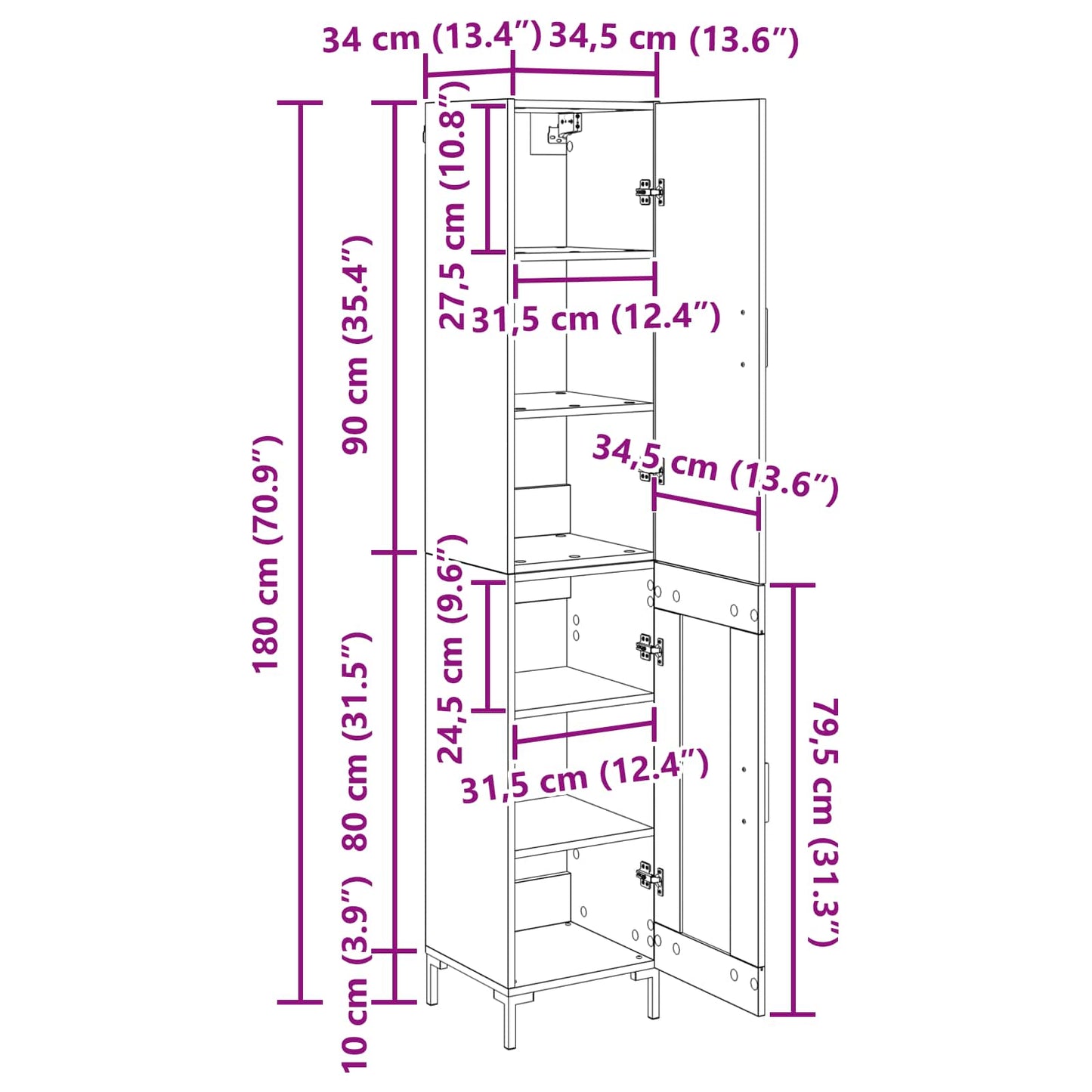 Highboard Artisan-Eiche 34,5 x 34 x 180 cm Holzwerkstoff
