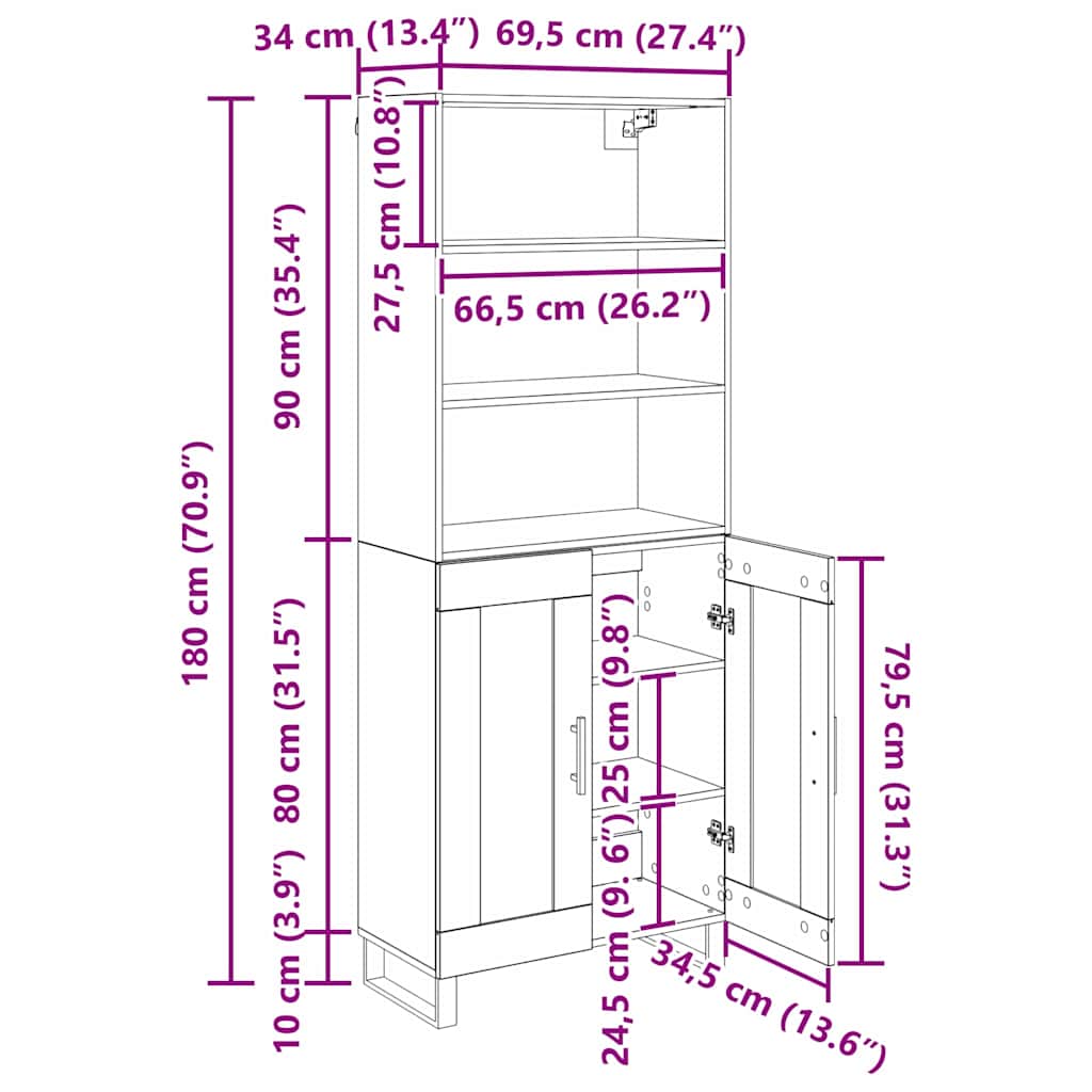 Highboard 2 stk. Artisan-Eiche 69,5 x 34 x 180 cm