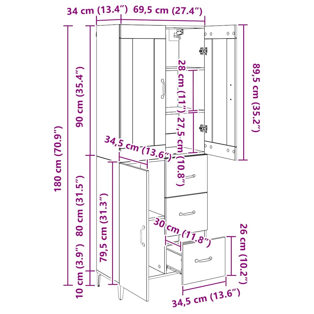Highboard Artisan-Eiche 69,5 x 34 x 180 cm Holzwerkstoff
