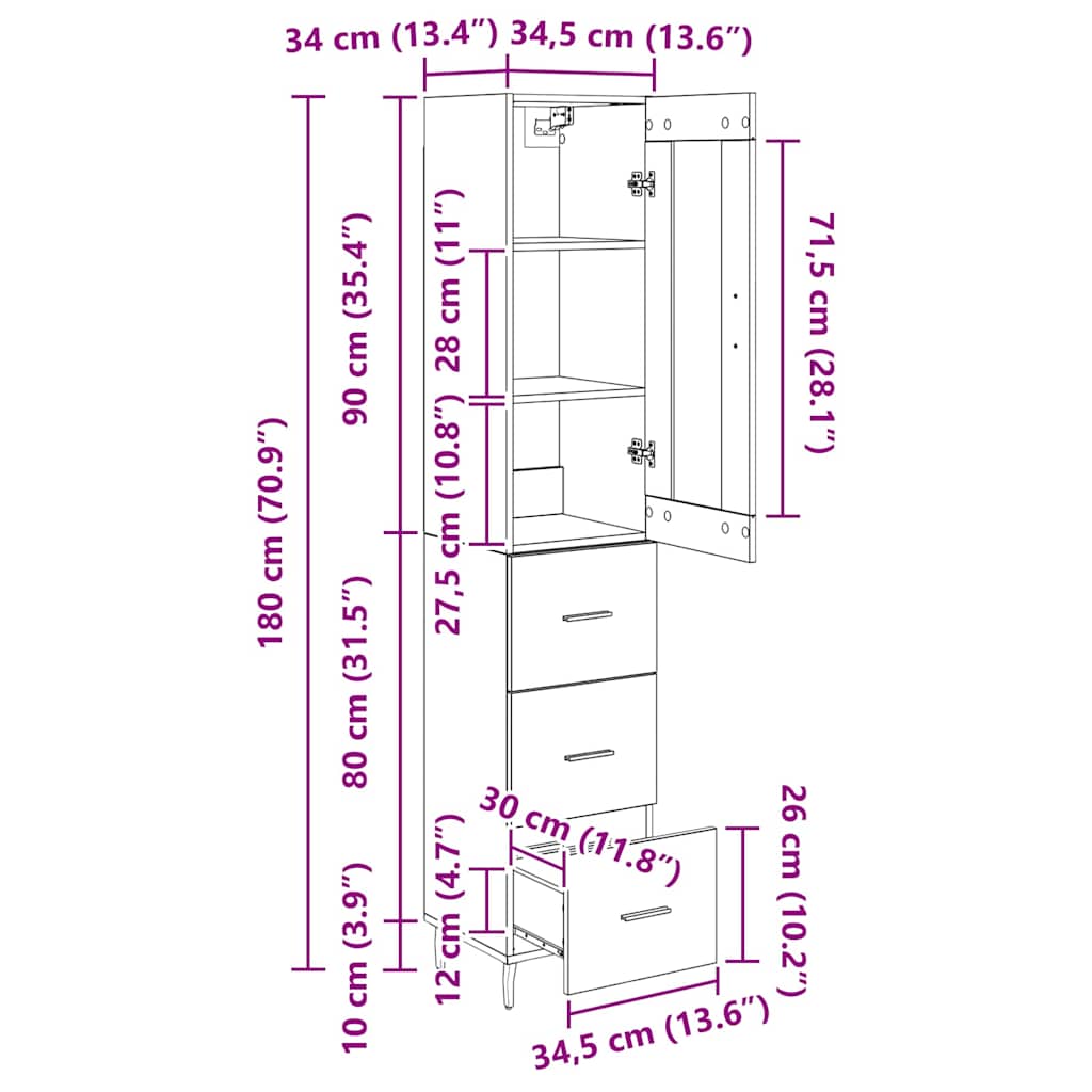 Highboard Artisan-Eiche 34,5 x 34 x 180 cm Holzwerkstoff
