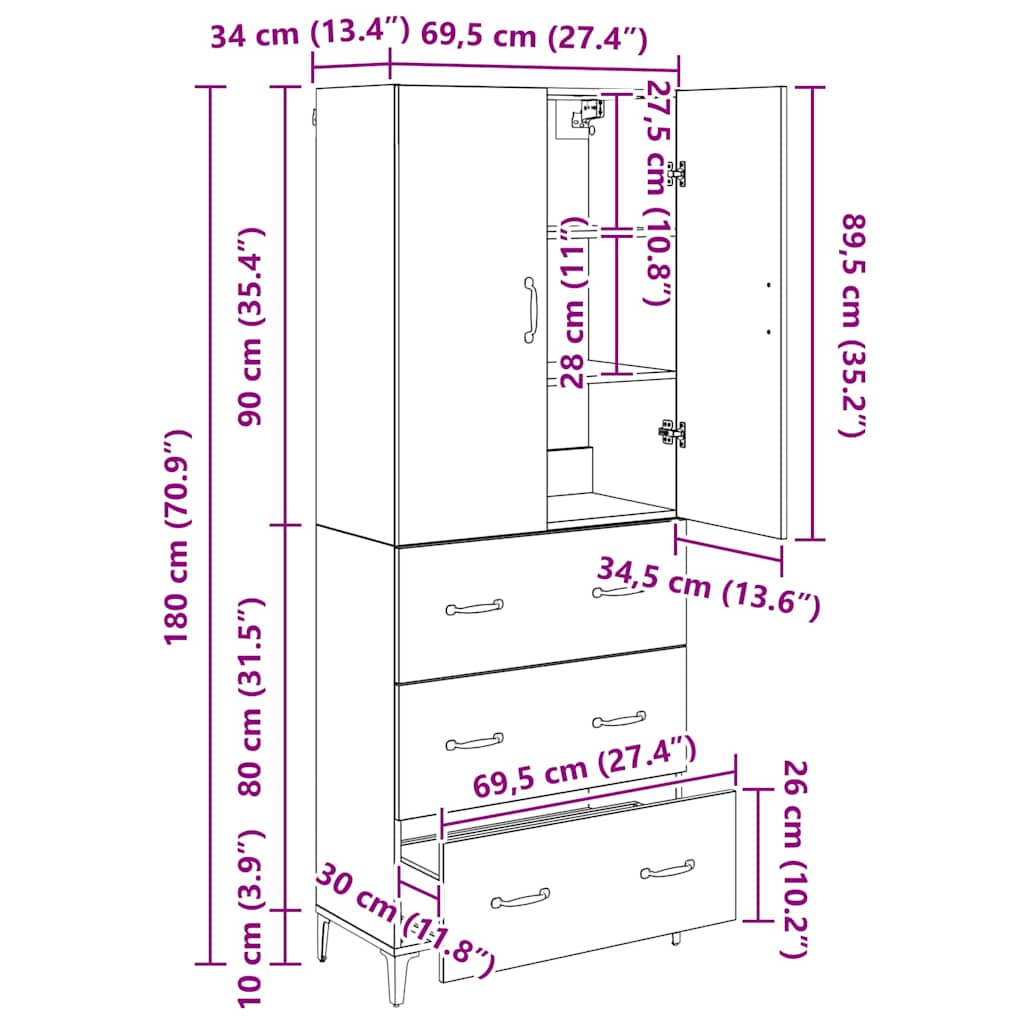 Highboard Artisan-Eiche 69,5 x 34 x 180 cm Holzwerkstoff