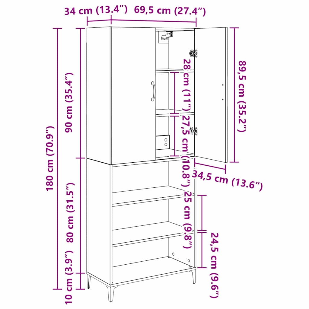 Highboard Artisan-Eiche 69,5 x 34 x 180 cm Holzwerkstoff