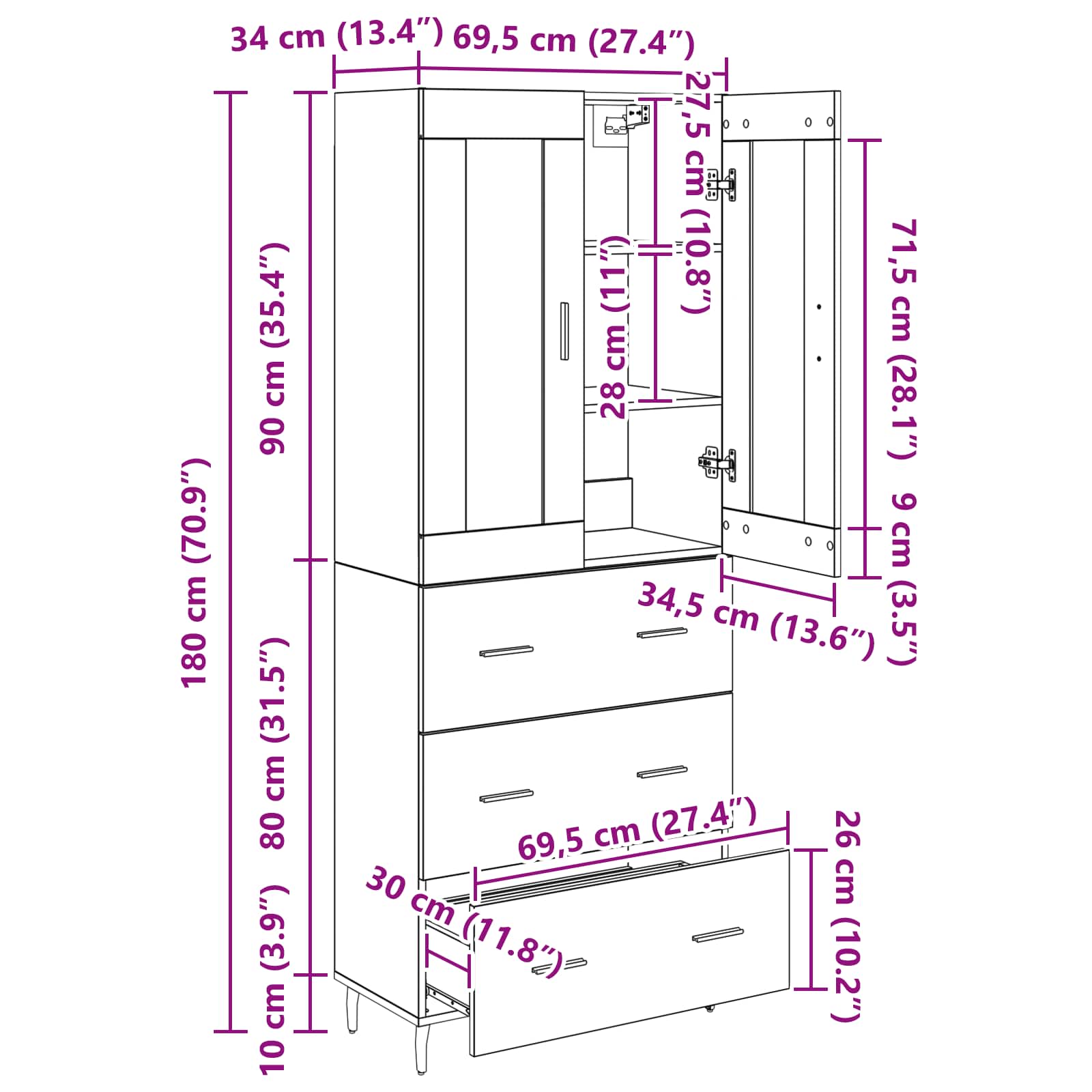 Highboard 2 stk. Artisan-Eiche 69,5 x 34 x 180 cm Holzwerkstoff
