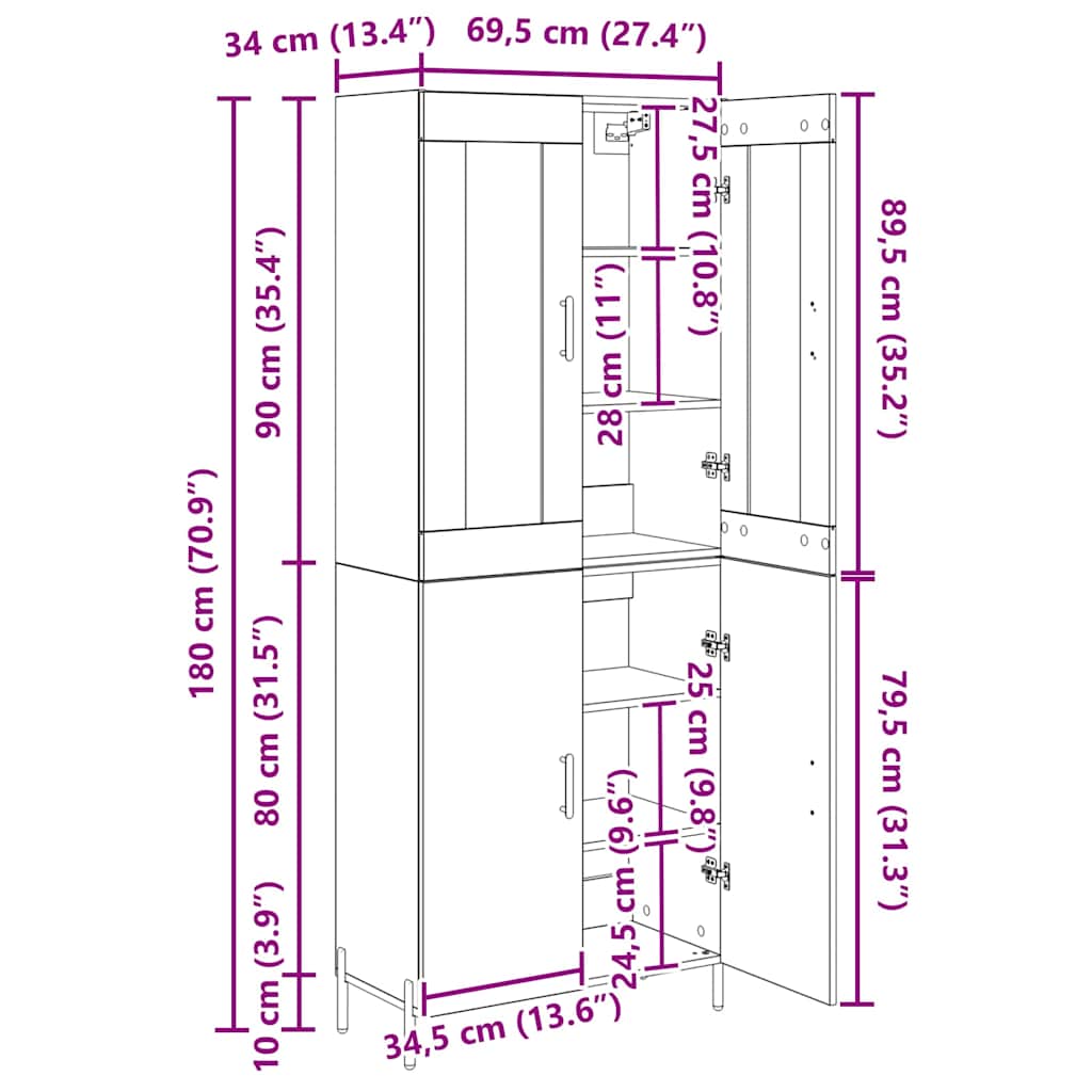 Highboard Artisan-Eiche 69,5 x 34 x 180 cm Holzwerkstoff