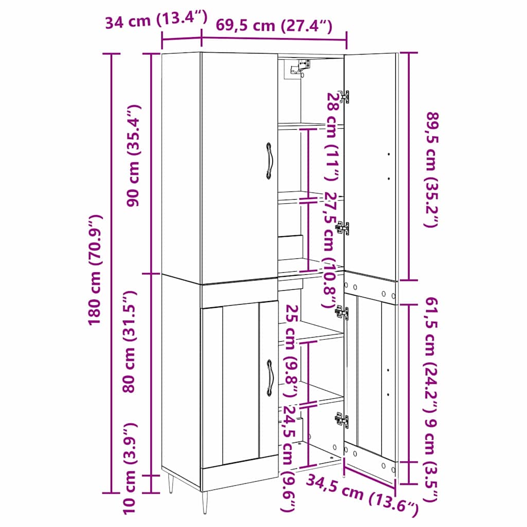 Highboard Artisan-Eiche 69,5 x 34 x 180 cm Holzwerkstoff