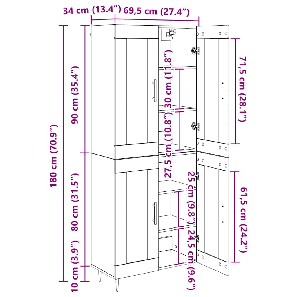 Highboard 2 stk. Artisan-Eiche 69,5 x 34 x 180 cm Holzwerkstoff