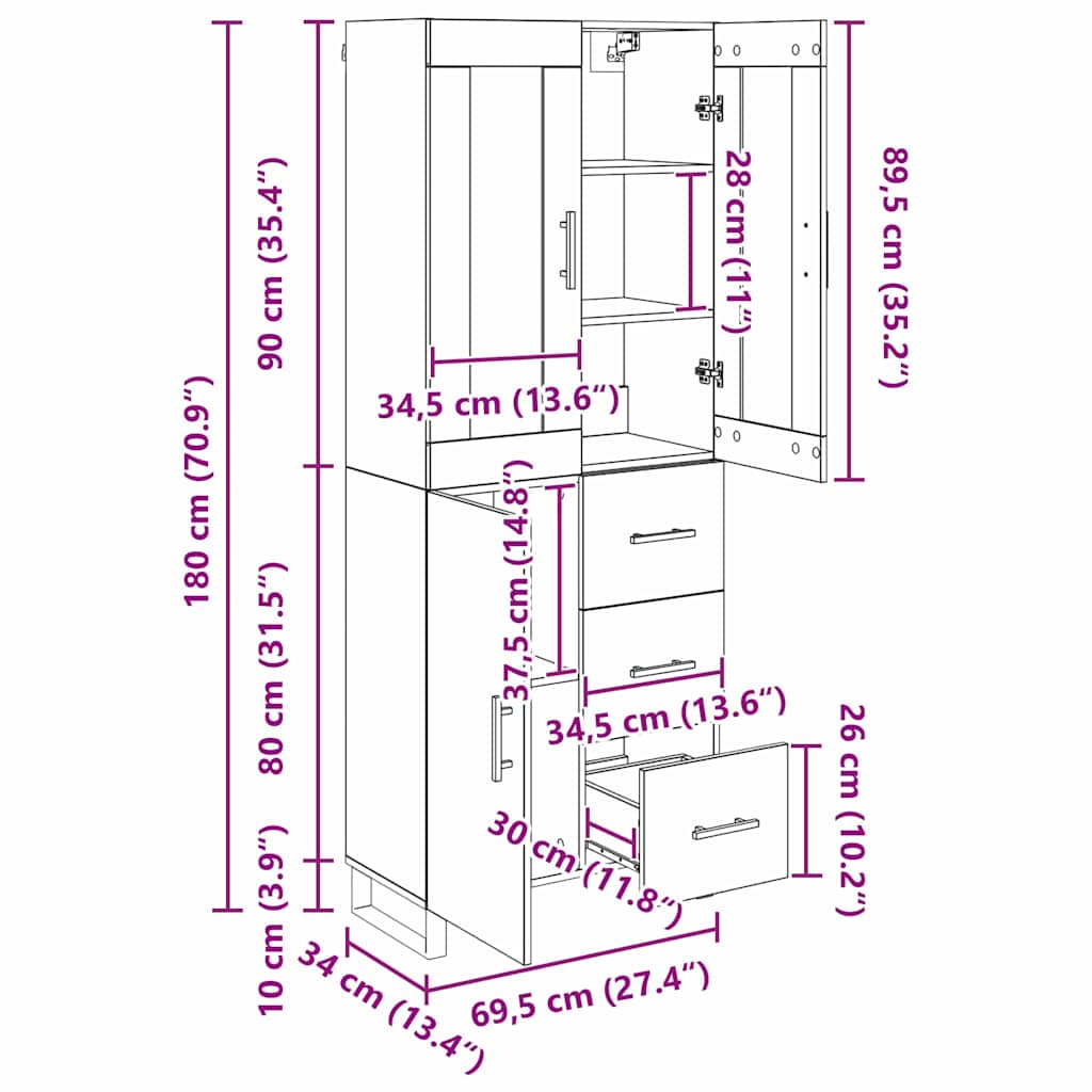 Highboard 2 stk. Artisan-Eiche 69,5 x 34 x 180 cm