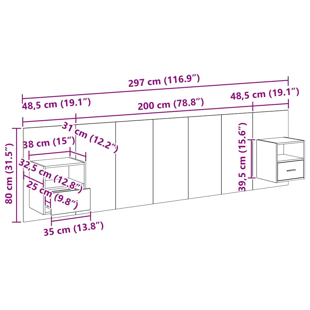 Kopfteil mit Schrank 3 stk. Schwarz Eichen-Optik Holzwerkstoff