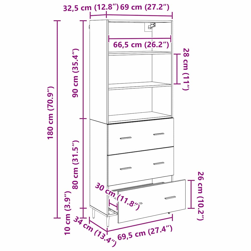 Highboard Schwarz Eichen-Optik 69,5 x 34 x 180 cm