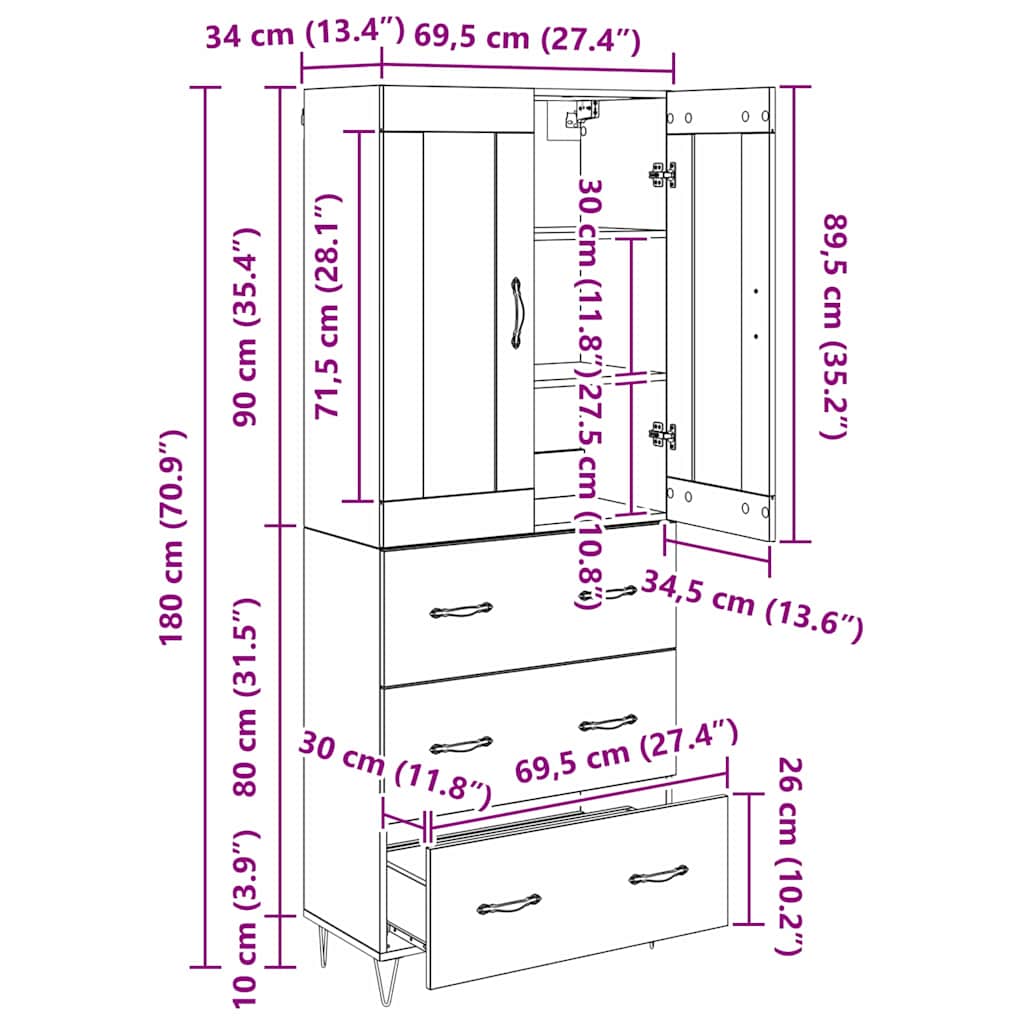 Highboard Schwarz Eichen-Optik 69,5 x 34 x 180 cm Holzwerkstoff