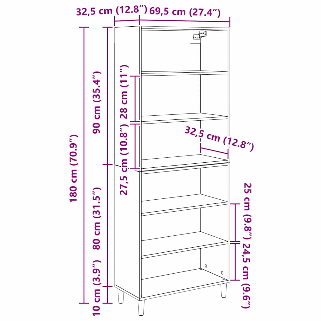 Highboard Schwarz Eichen-Optik 69,5 x 32,5 x 180 cm