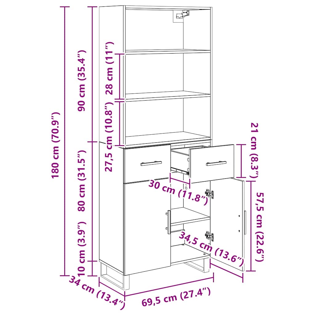 Highboard 2 stk. Schwarz Eichen-Optik 69,5 x 34 x 180 cm