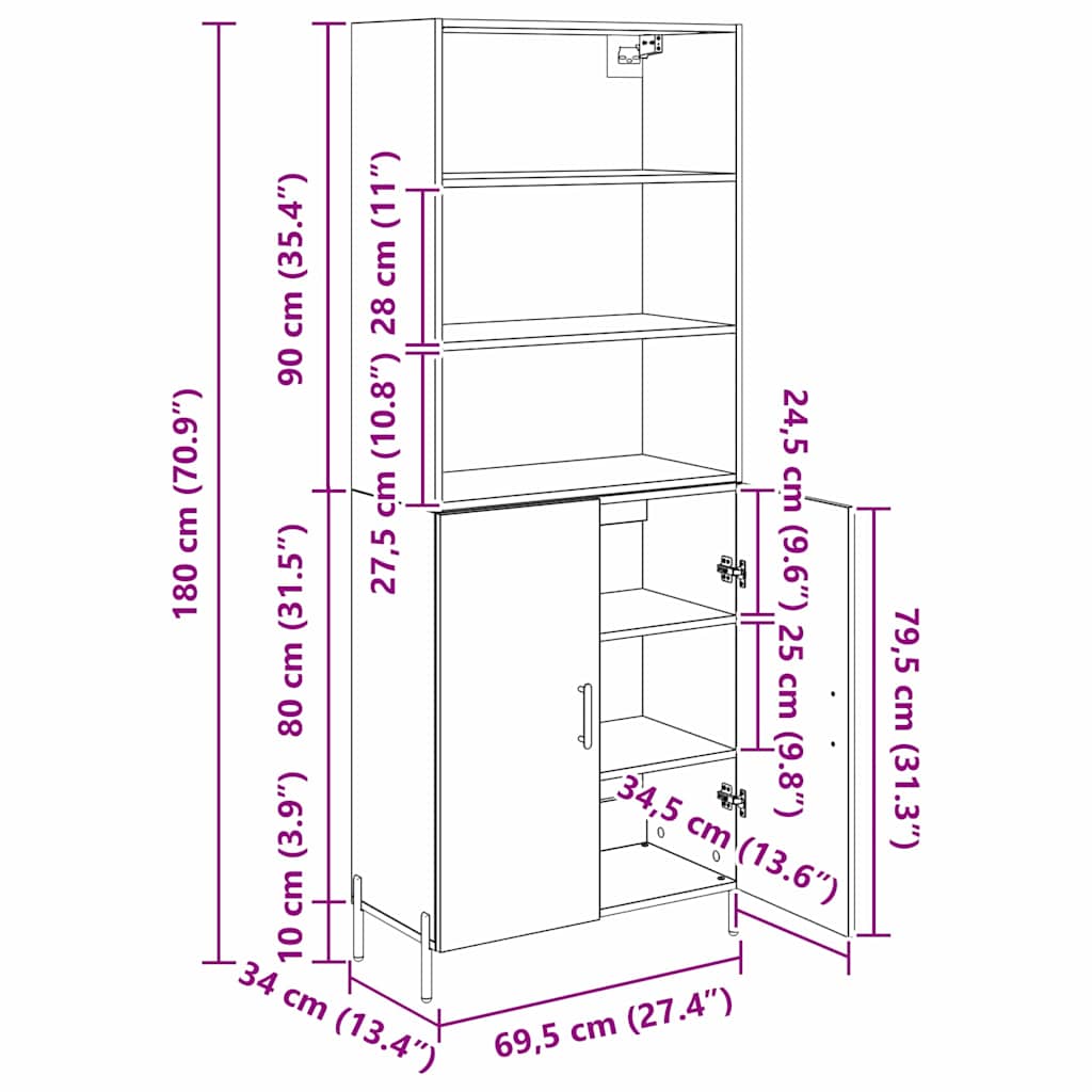Highboard Schwarz Eichen-Optik 69,5 x 34 x 180 cm Holzwerkstoff