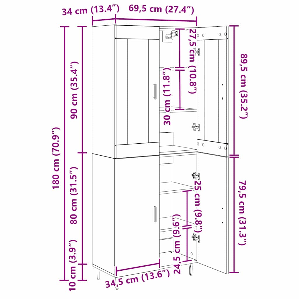 Highboard 2 stk. Schwarz Eichen-Optik 69,5 x 34 x 180 cm