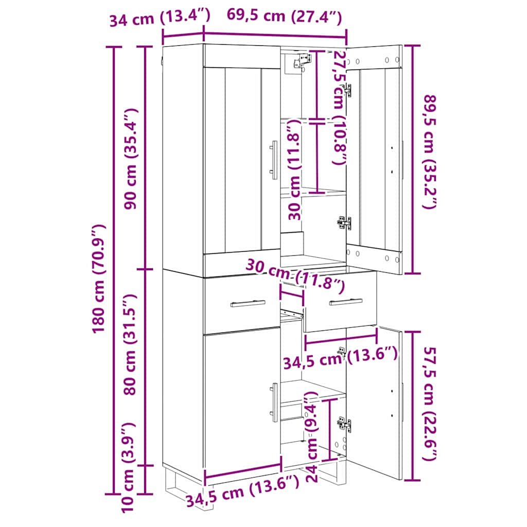 Highboard 2 stk. Schwarz Eichen-Optik 69,5 x 34 x 180 cm