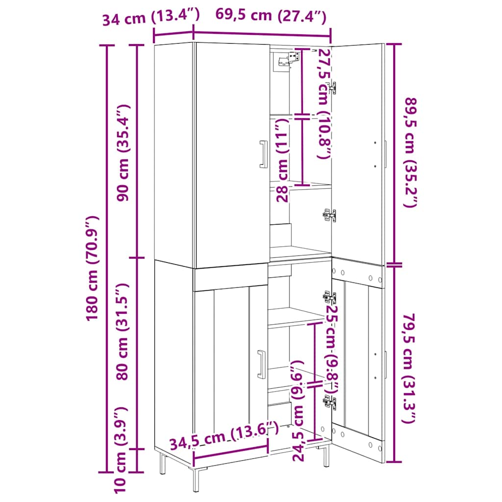 Highboard Schwarz Eichen-Optik 69,5 x 34 x 180 cm Holzwerkstoff