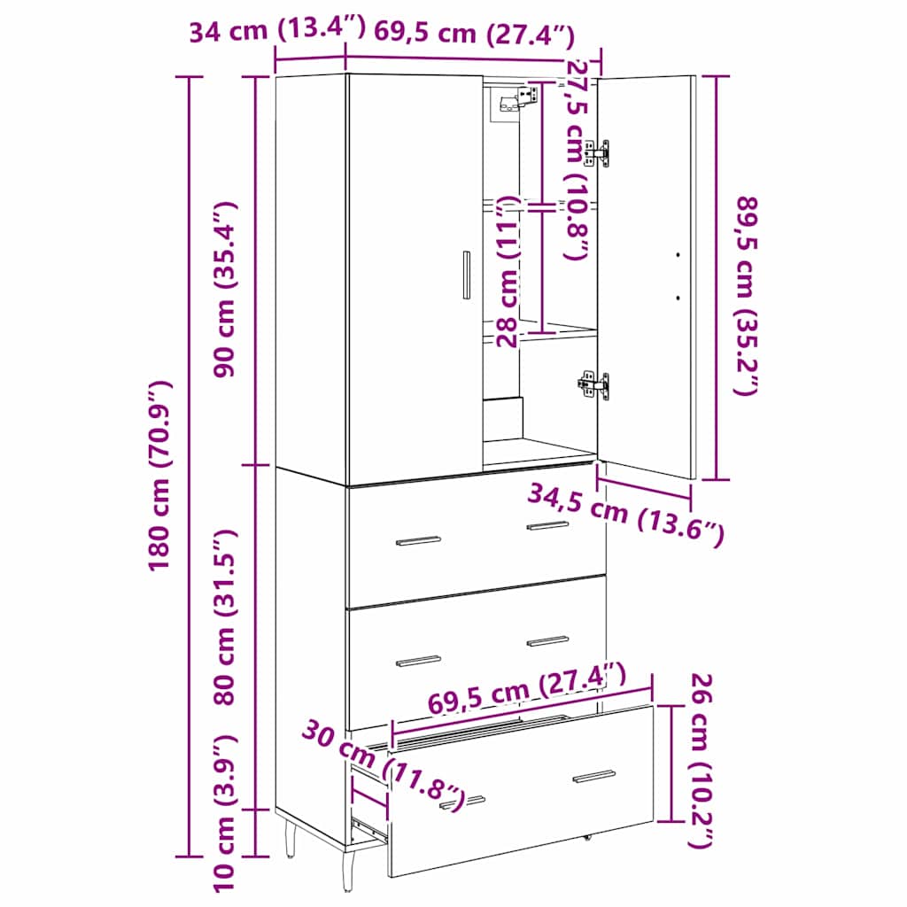 Highboard 2 stk. Schwarz Eichen-Optik 69,5 x 34 x 180 cm