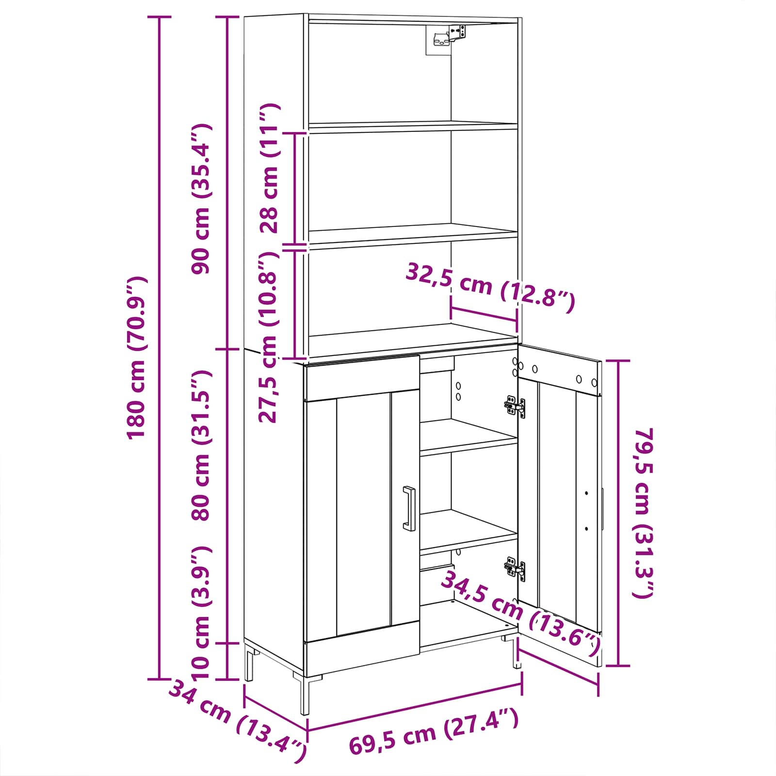 Highboard Schwarz Eichen-Optik 69,5 x 34 x 180 cm Holzwerkstoff