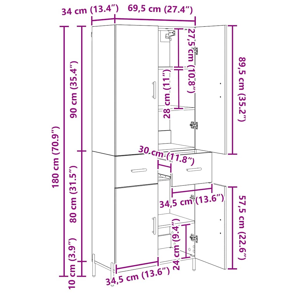 Highboard Schwarz Eichen-Optik 69,5 x 34 x 180 cm Holzwerkstoff