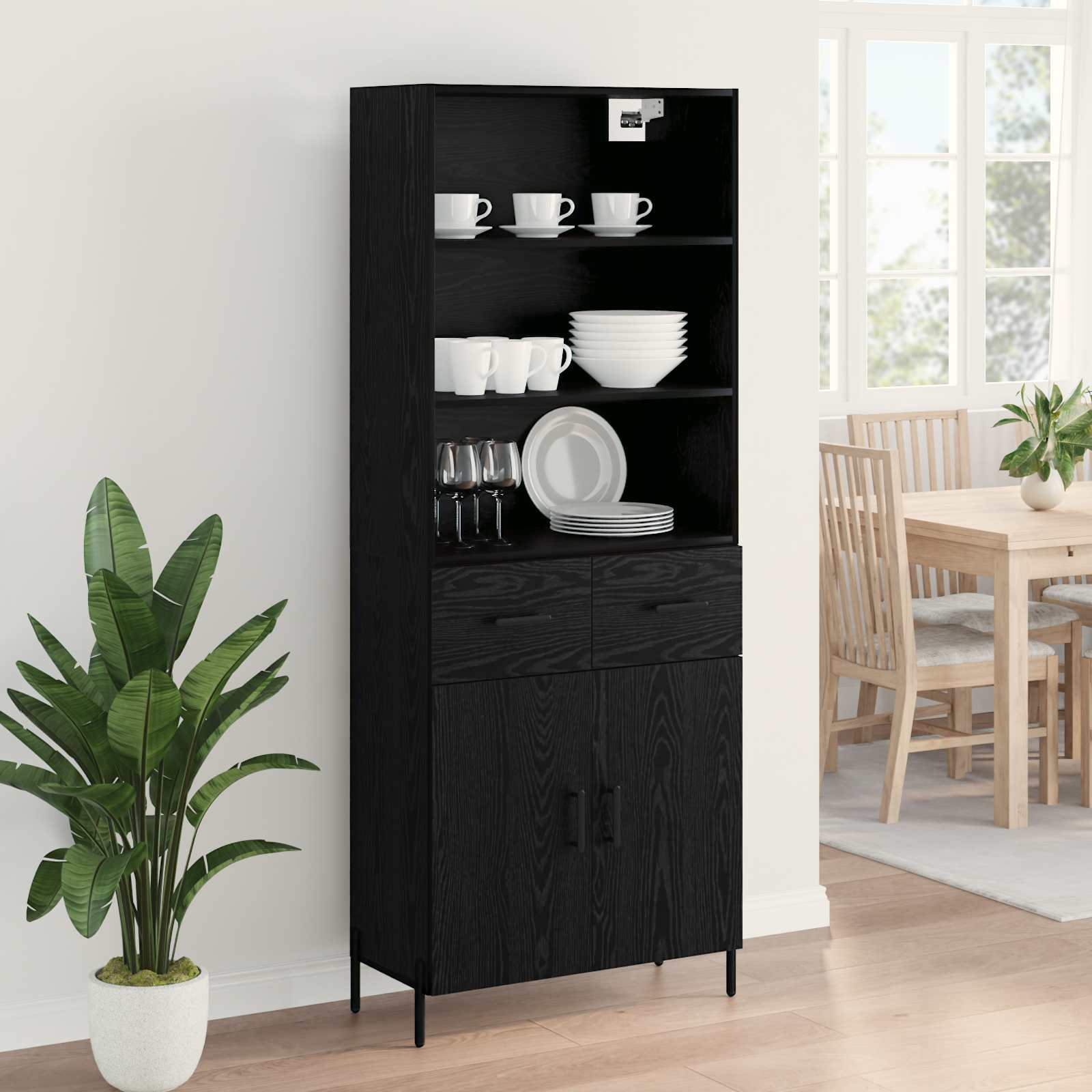 Highboard Schwarz Eichen-Optik 69,5 x 34 x 180 cm Holzwerkstoff