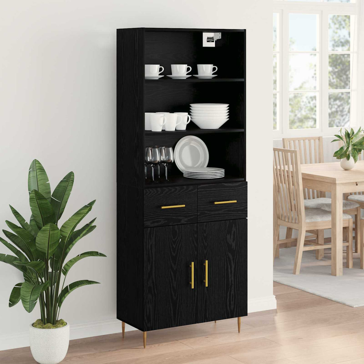 Highboard Schwarz Eichen-Optik 69,5 x 34 x 180 cm Holzwerkstoff
