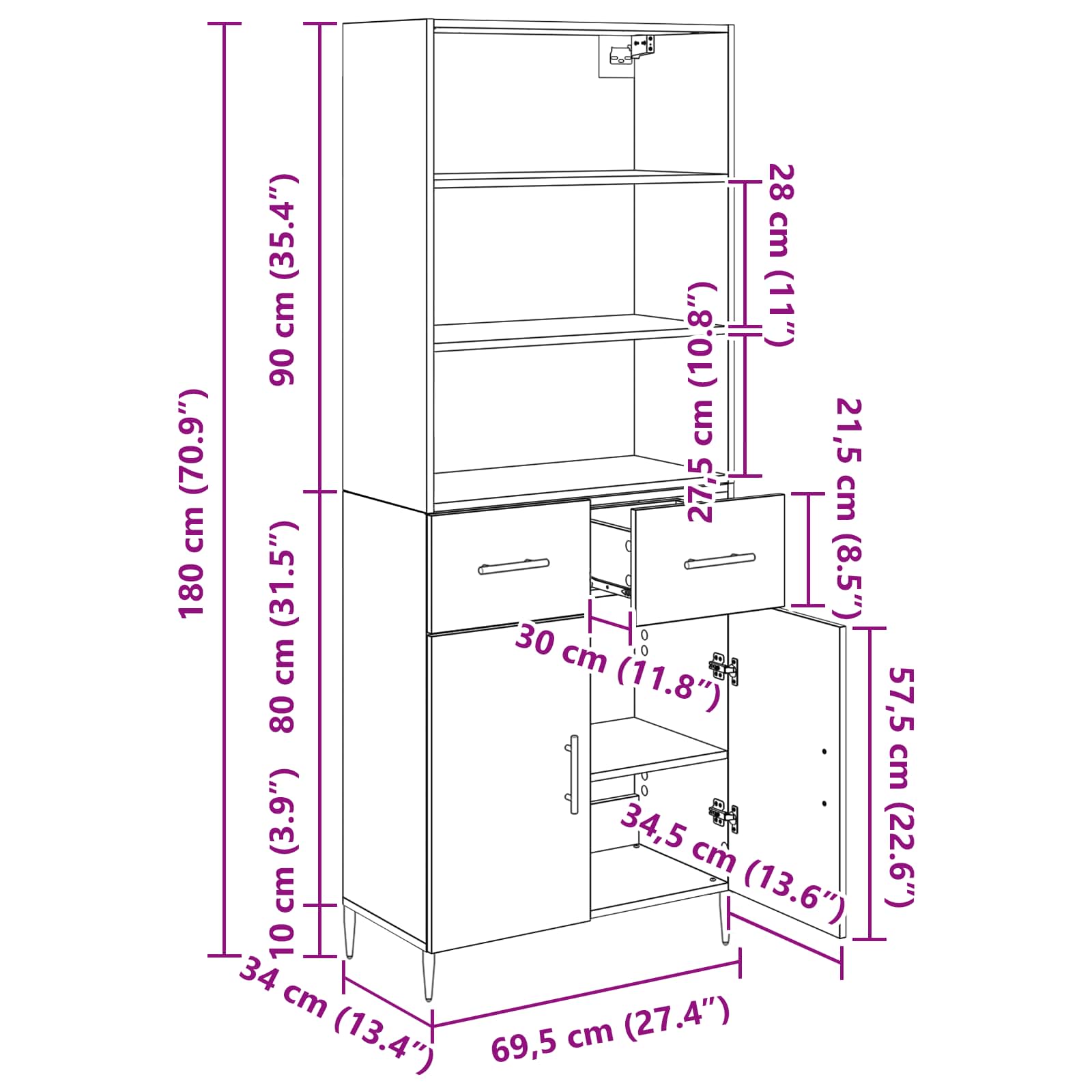 Highboard Schwarz Eichen-Optik 69,5 x 34 x 180 cm Holzwerkstoff