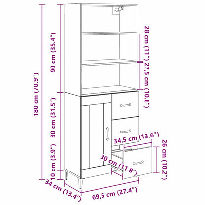 Highboard Schwarz Eichen-Optik 69,5 x 34 x 180 cm Holzwerkstoff
