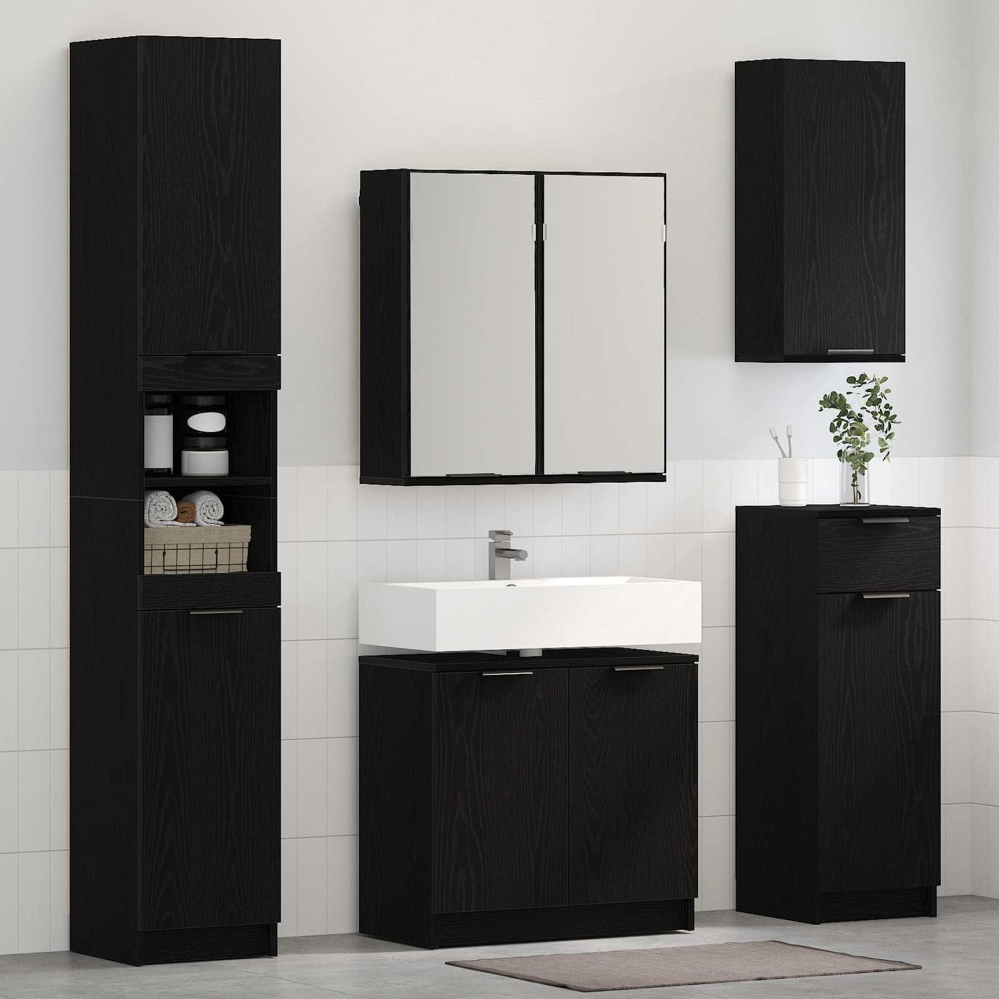 Badezimmermöbel-Set 3 pcs Schwarz Eichen-Optik Holzwerkstoff