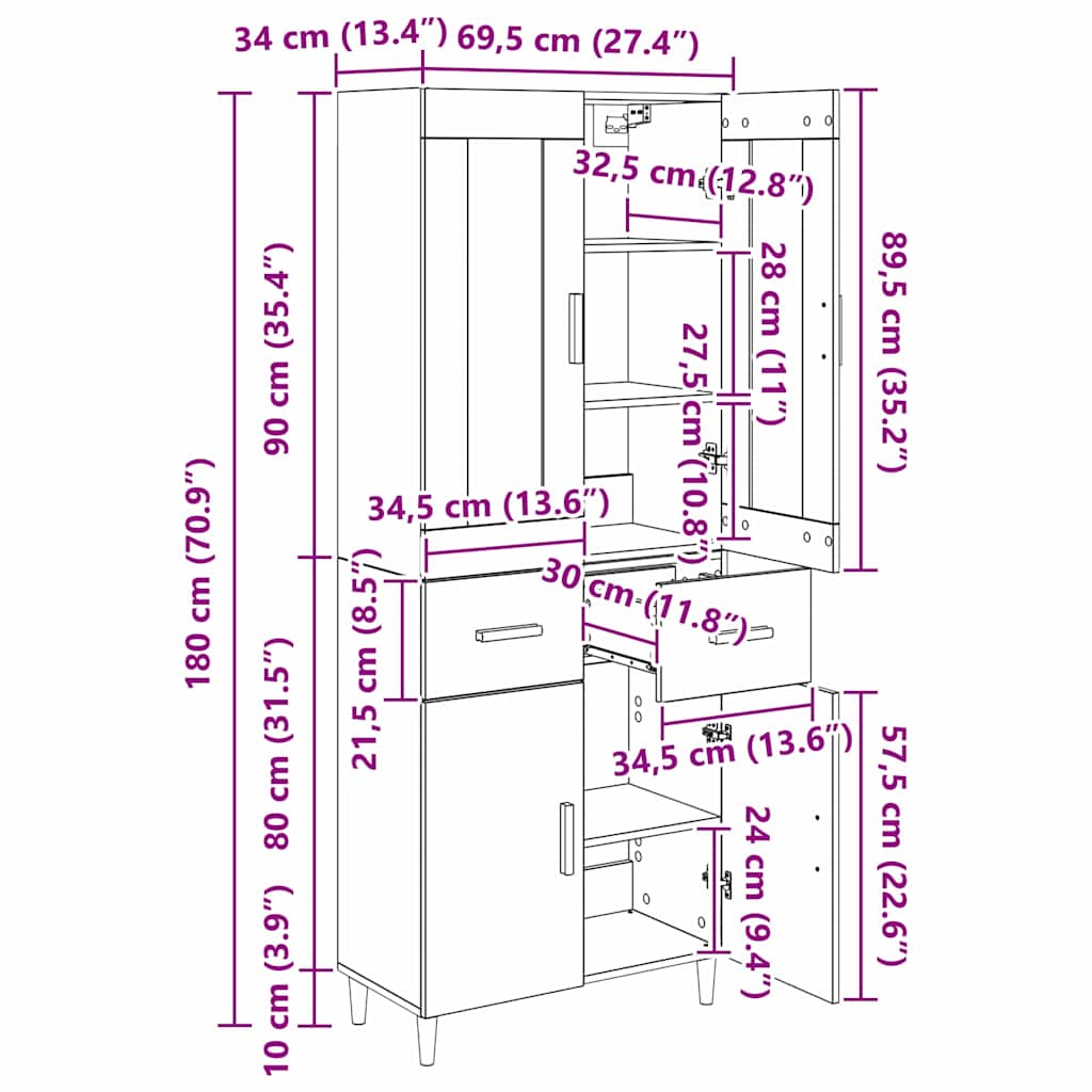 Highboard Schwarz Eichen-Optik 69,5 x 34 x 180 cm Holzwerkstoff