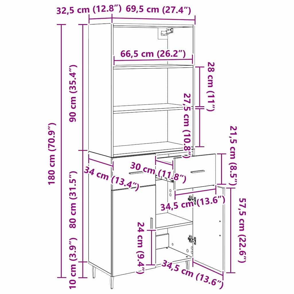 Highboard Schwarz Eichen-Optik 69,5 x 34 x 180 cm