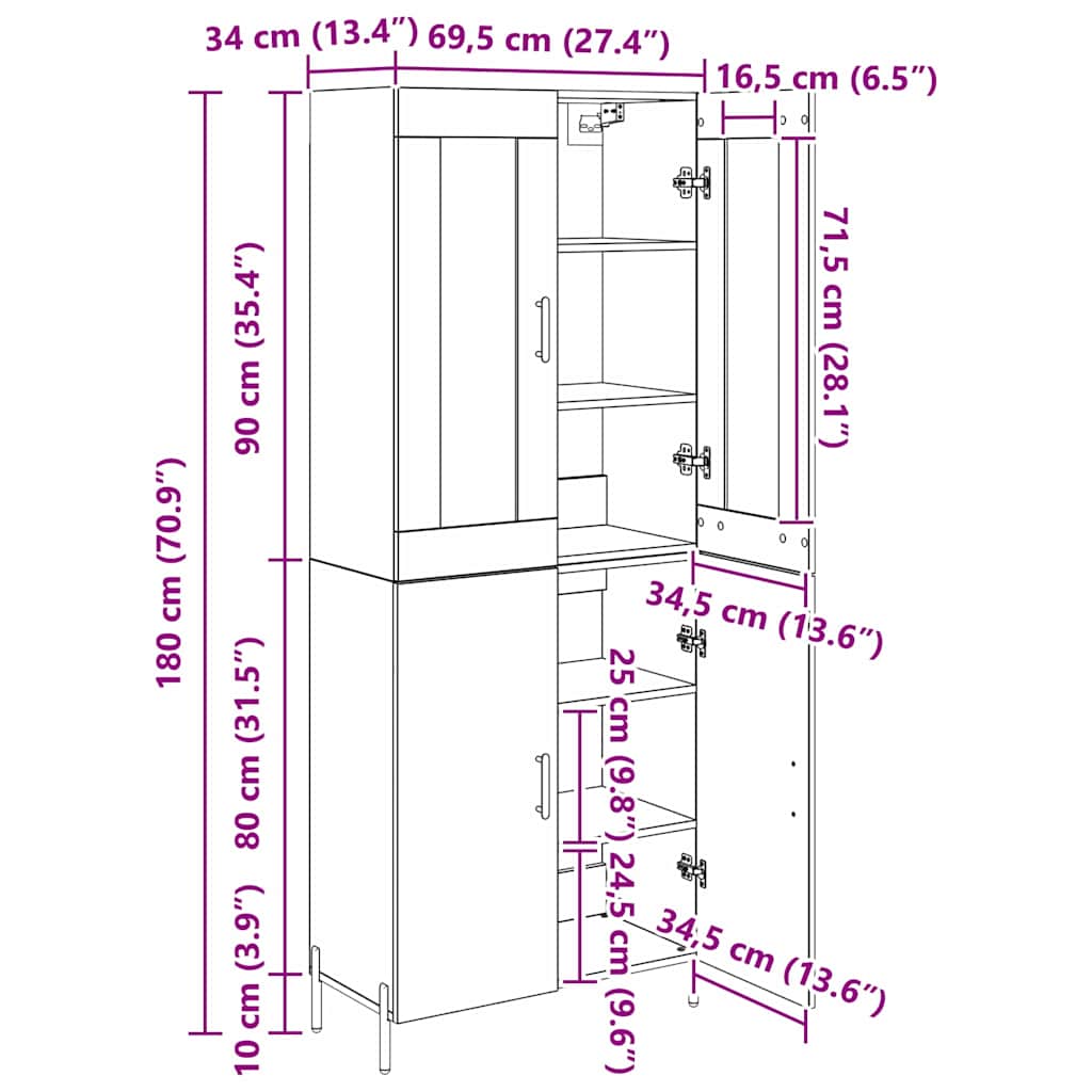 Highboard 2 Stk. Schwarz Eichen-Optik 69,5 x 34 x 180 cm