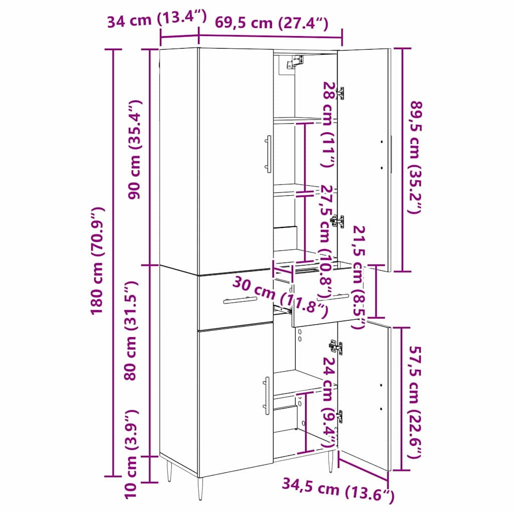 Highboard Schwarz Eichen-Optik 69,5 x 34 x 180 cm Holzwerkstoff