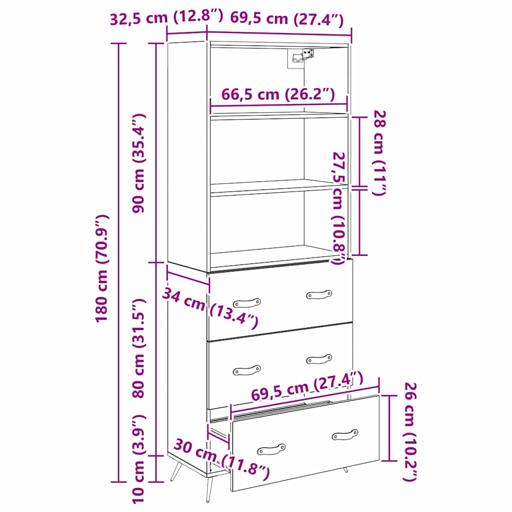 Highboard Schwarz Eichen-Optik 69,5 x 34 x 180 cm Holzwerkstoff