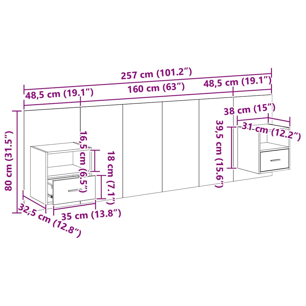 Kopfteil mit Schrank 3 Stk. Schwarz Eichen-Optik Holzwerkstoff
