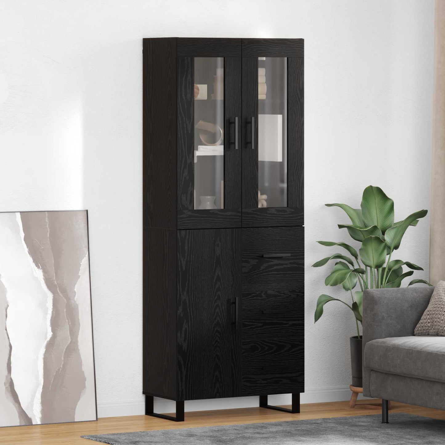 Highboard 2 pcs Schwarz Eichen-Optik Engineered Wood und Glas