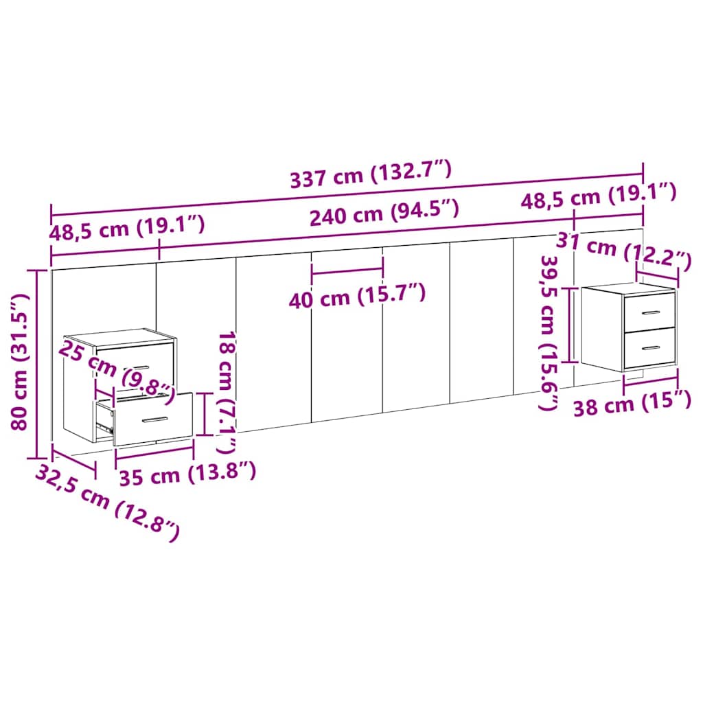 Kopfteil mit Schrank 3 stk. Schwarz Eichen-Optik Holzwerkstoff