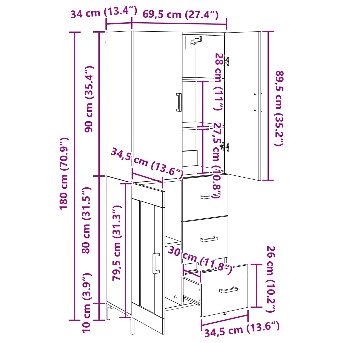 Highboard Schwarz Eichen-Optik 69,5 x 34 x 180 cm Holzwerkstoff