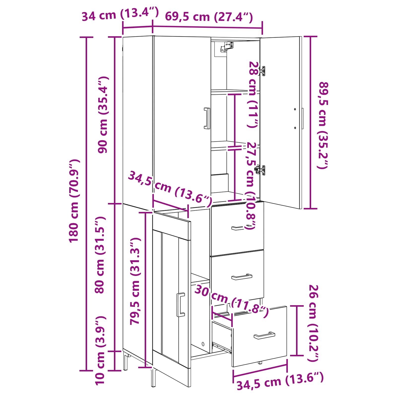 Highboard Schwarz Eichen-Optik 69,5 x 34 x 180 cm Holzwerkstoff