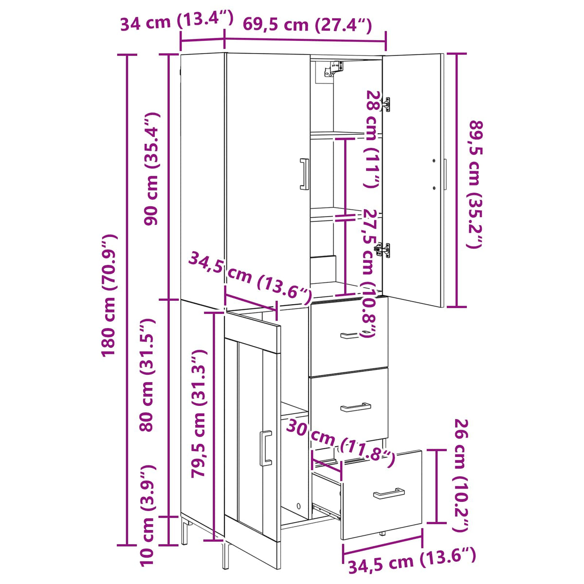 Highboard Schwarz Eichen-Optik 69,5 x 34 x 180 cm Holzwerkstoff