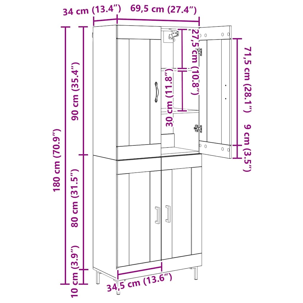 Highboard 2 stk. Schwarz Eichen-Optik 69,5 x 34 x 180 cm