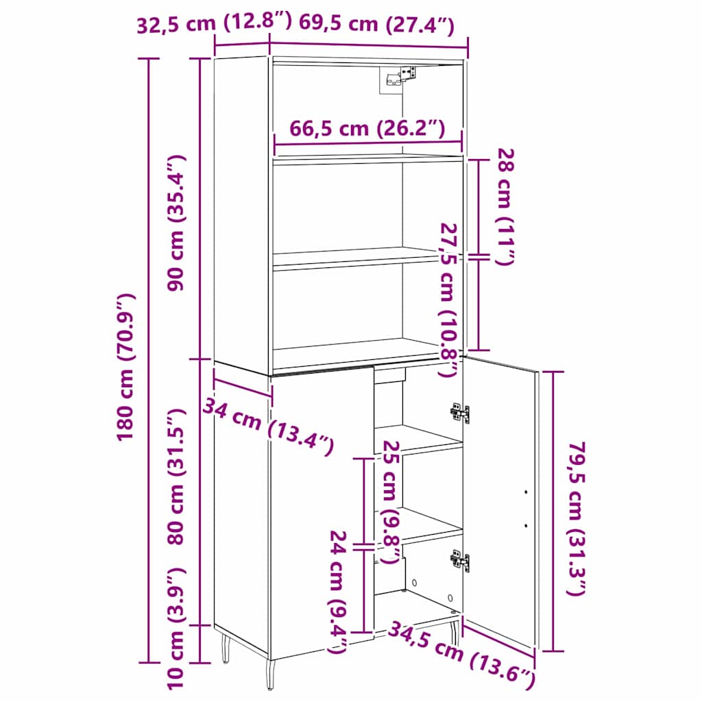 Highboard 2 Stk. Schwarz Eichen-Optik 69,5 x 34 x 180 cm