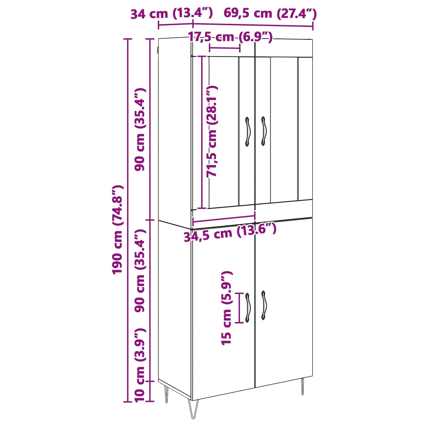 Highboard Schwarz Eichen-Optik 69,5 x 34 x 180 cm Holzwerkstoff